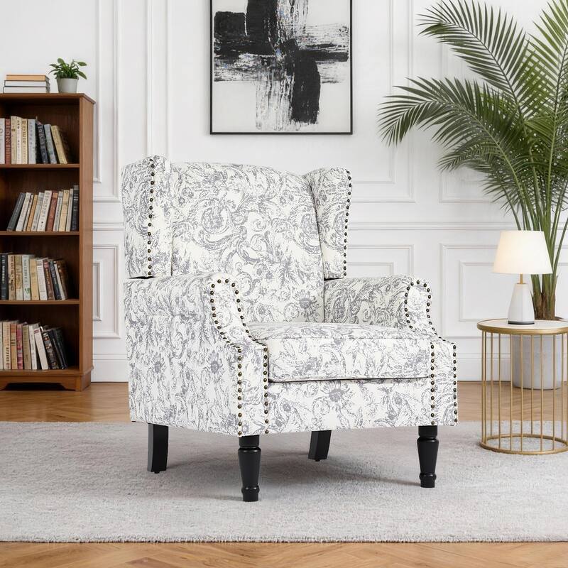 Wingback Accent Chair Nailhead Trim Living Room Reading Chair - Rococo Light Grey