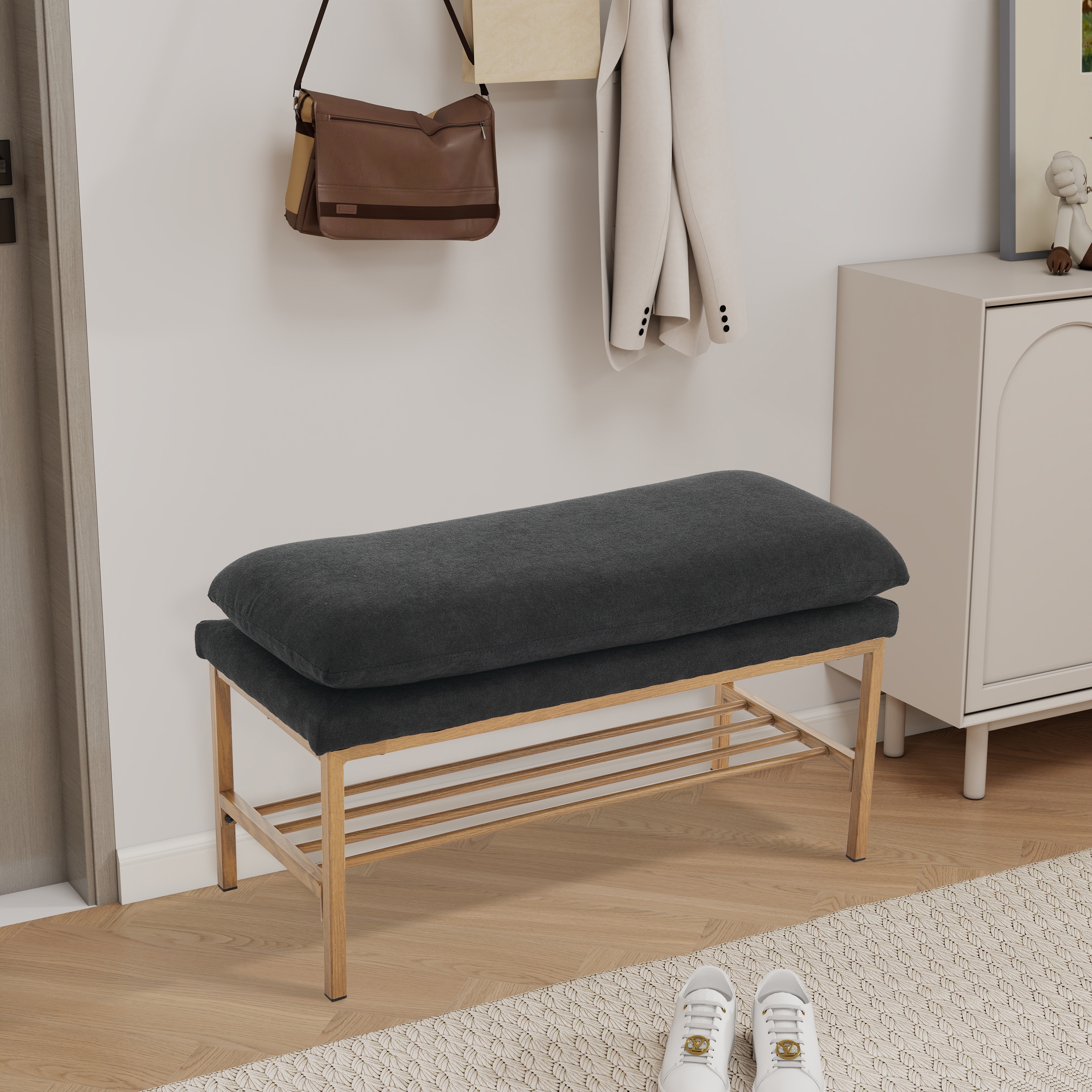 Upholstered Entryway Bench, Storage Shoe Bench with Shelf and Metal Legs