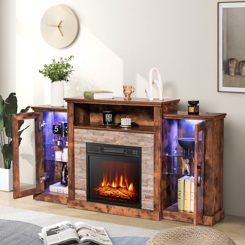Electric Fireplace TV Stand with 16-Color LED Lights and Adjustable Glass Shelves for Living Room - 59" x 10" x 32.5"