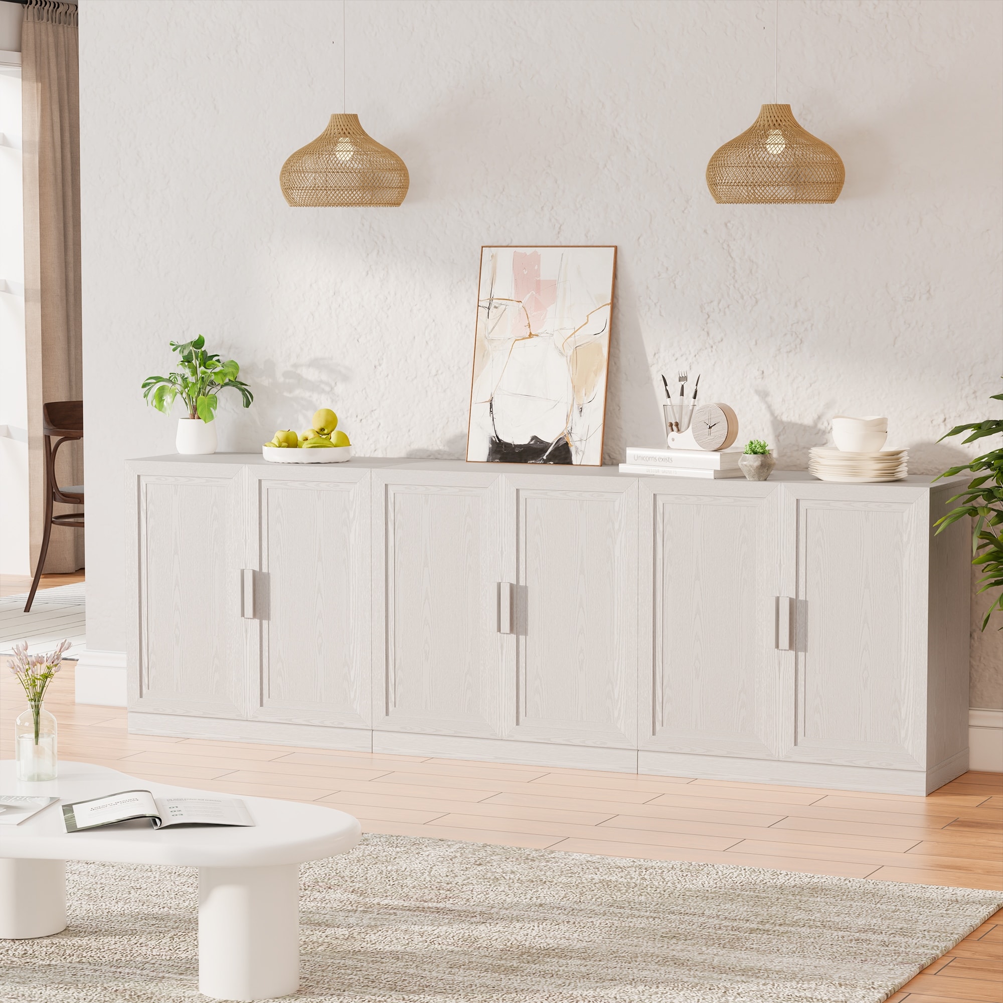3-Set Wooden Door Sideboard Buffet Storage Cabinets with Adjustable Shelves - 93"Lx31"H
