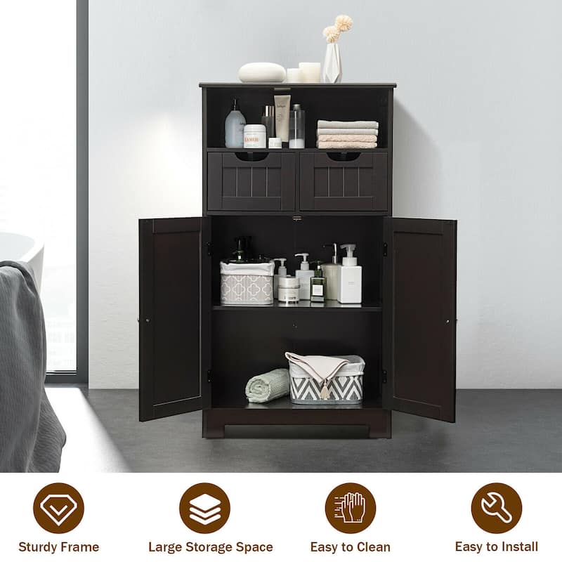 Gymax Bathroom Floor Cabinet Wooden Storage Organizer w/Drawer Doors - See Details