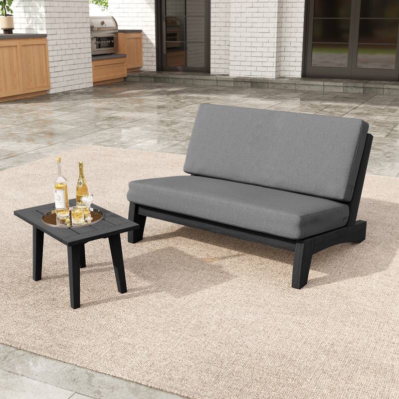 2-Piece Outdoor Teak Wood Loveseat Patio Set with Side Table
