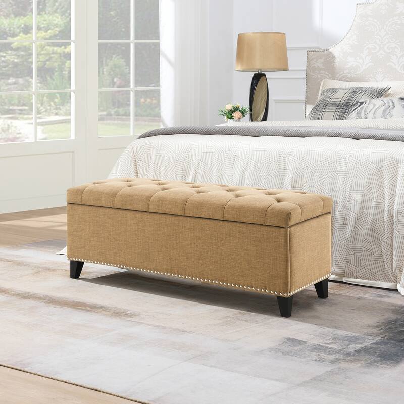 47.5" Linen Button-Tufted Storage Ottoman with Safety Close Hinge - Brown