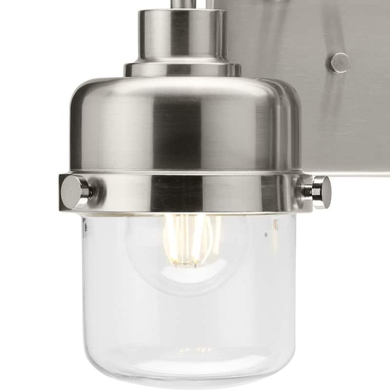 Beckner Collection Two-Light Brushed Nickel Clear Glass Urban Industrial Bath Light - 14.62 in x 6.37 in x 8.37 in
