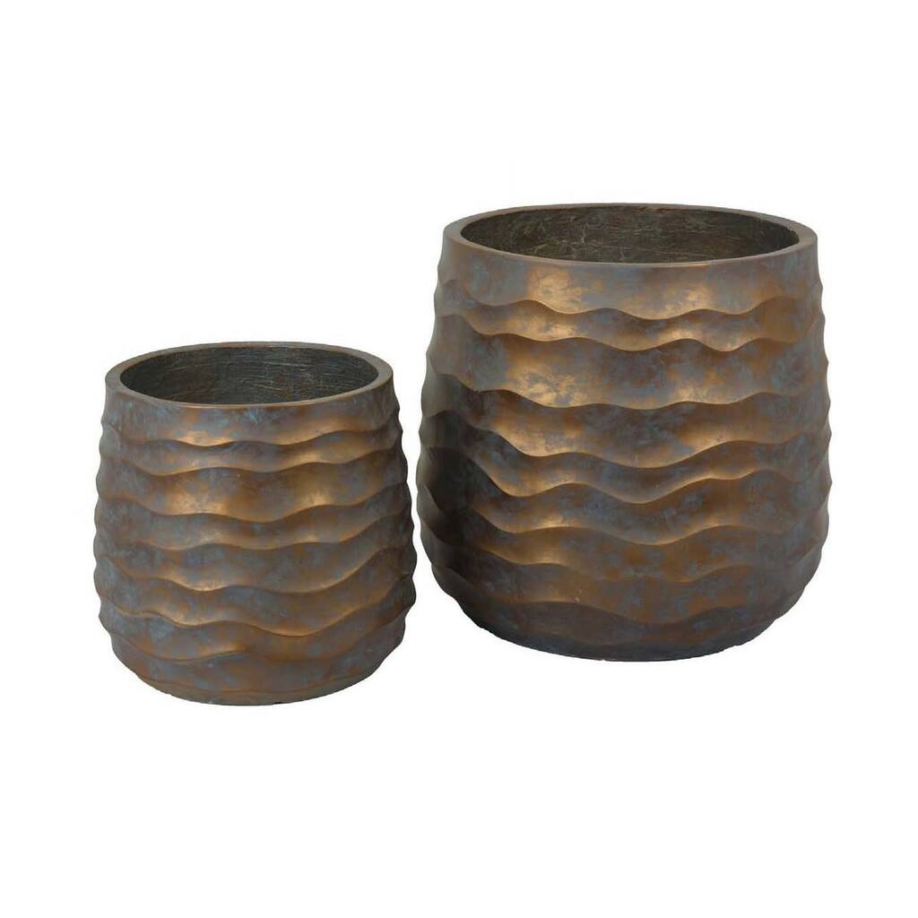 18 Inch Planter Set of 2, Wavy Design, Indoor Outdoor Rustic Bronze Resin