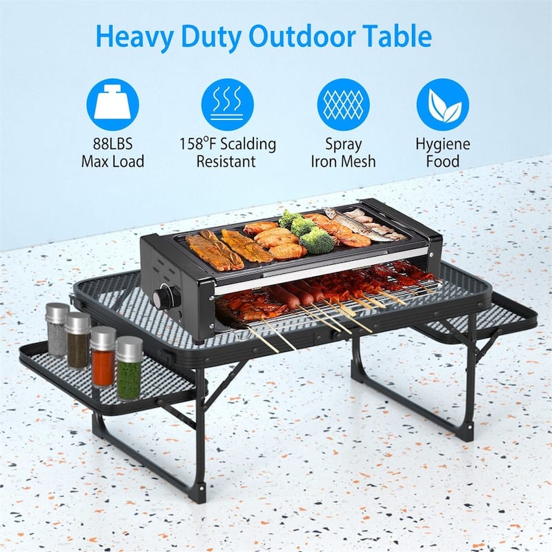 Foldable Collapsible Picnic Aluminum Alloy Grill Stand w/ 2 Side Trays