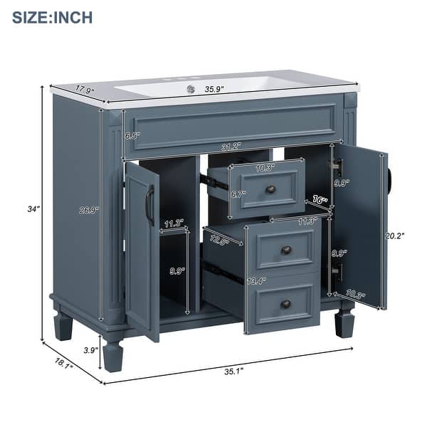 dimension image slide 11 of 12, 36'' Bathroom Vanity with Top Sink, Freestanding Vanity Set with Mirror Cabinet