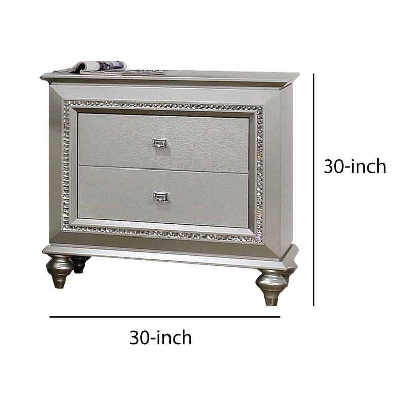 2 Drawer Spacious Nightstand with Mirror Beveled Pulls, Silver