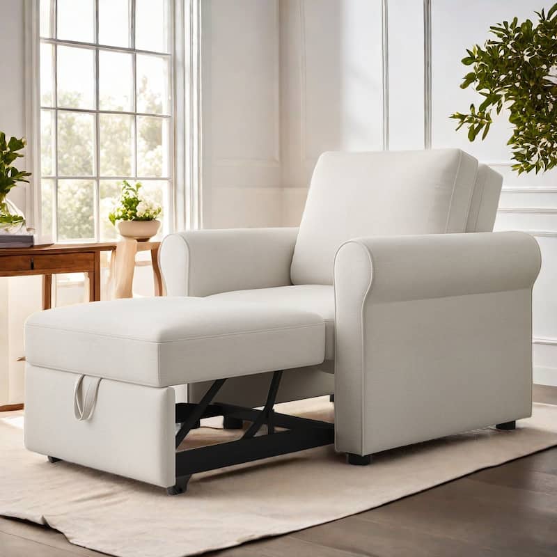3-in-1 Linen Sofa Bed Chair with Adjustable Backrest and Folding Single Bed for Living Room Apartment - Cream