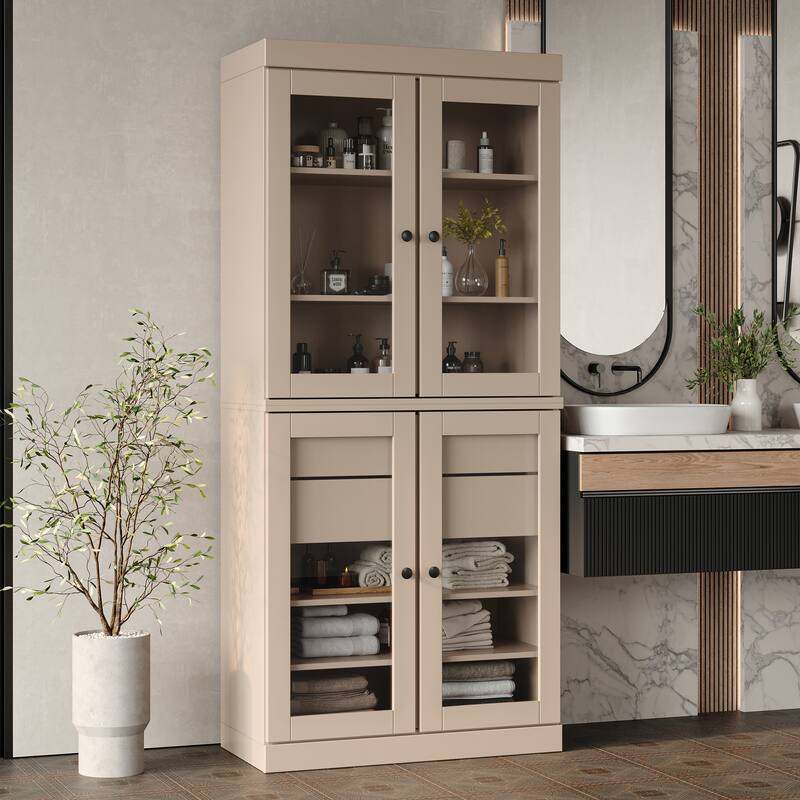 Palace Imports 100% Solid Wood Bathroom Storage Cabinet, Clear Glass Doors, 2 Drawers, Adjustable Shelves, 32" Wide, 71.5" Tall