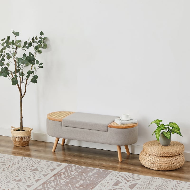 Ottoman Storage Bench with Rattan,Linen Seat