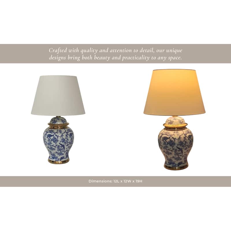 Ceramic Table Lamp Floral Bird Print with Accent Glam Decor - 19" Blue - 12" x 12" x 19"