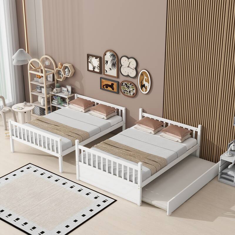 Full Over Full Bunk Bed with Twin Trundle and Convertible 3-in-1 Design with Guardrails & Ladder (250lb Capacity)