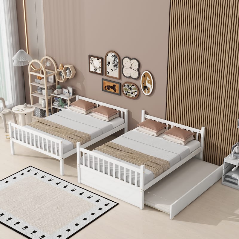 Rubber Wood Bunk Bed with Trundle Bed,Converted into 2 Individual Beds
