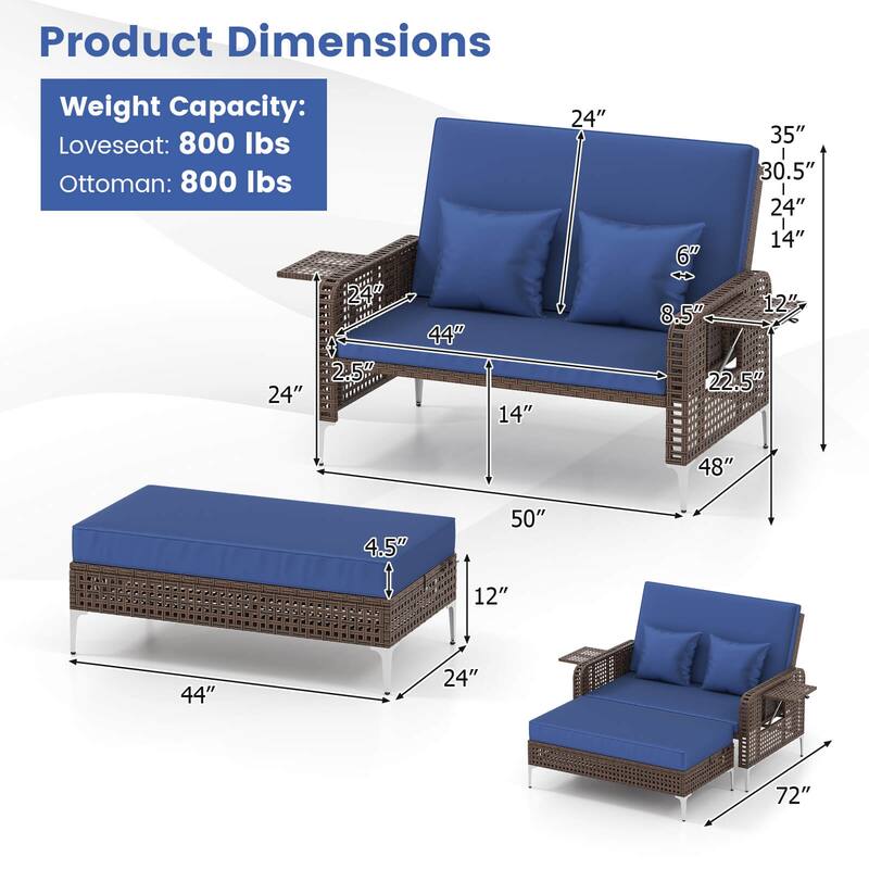 Costway 2 PCS Wicker Loveseat & Storage Ottoman with 4-Level Backrest