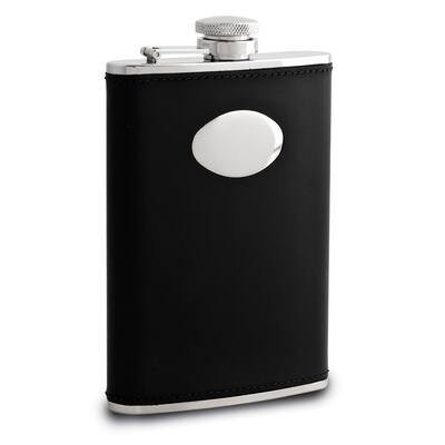 Curata Black Faux Leather Covered 8 Ounce Stainless Steel Flask with Funnel Oval Engraving Area
