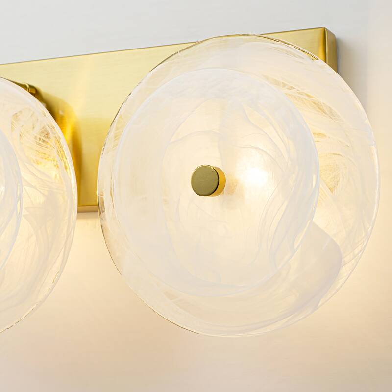 3-Light Mid-Century Modern Brushed Brass Vanity Light with Cloud-Textured Round Glass glass disc