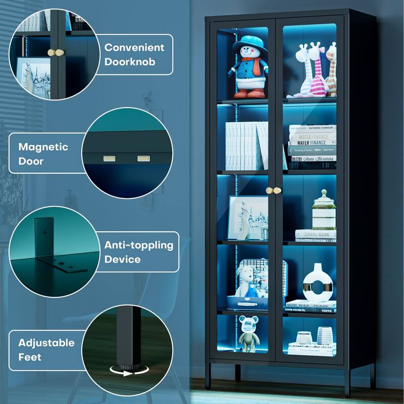 4/5-Tier Glass Curio Display Cabinet with Doors & Adjustable Storage Shelves