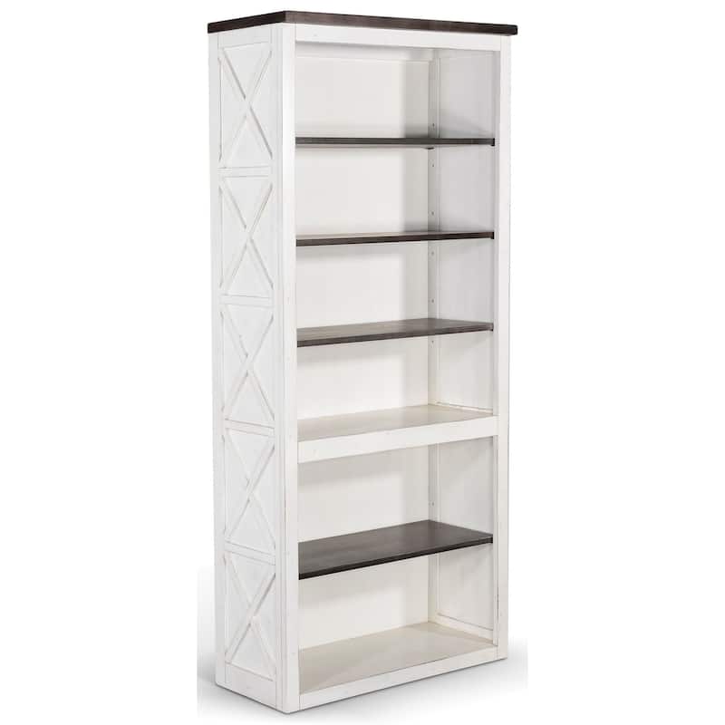 Zena Bookcase, X Cross Panels, 5 Shelves, 76 Inch White, Brown Veneer