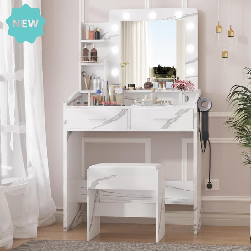 Makeup Vanity Desk with Mirror and Stool, Charging Station, 2 Drawers, 3 Shelves - Marble White
