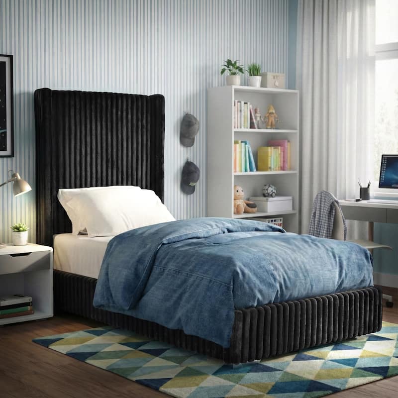 Furniture of America Draper Modern Chenille High Wingback Platform Bed - Black - Twin