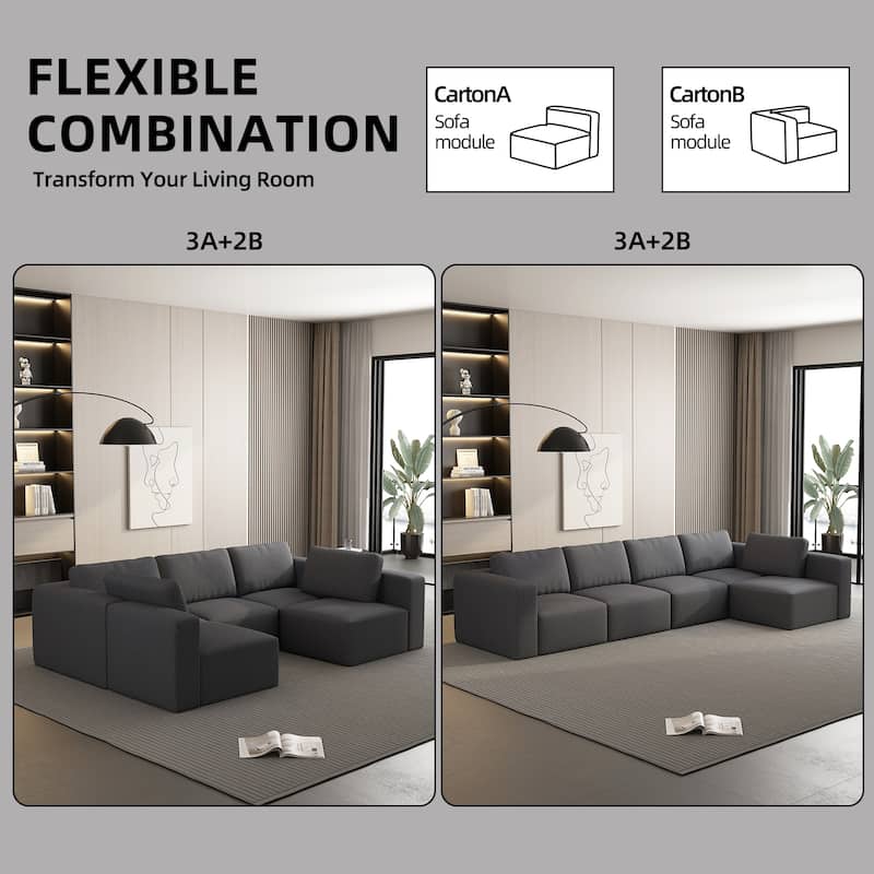 104.32" Yarn Fleece Modular Sectional Sofa Set with Chaise & Ottoman, U-Shaped 5-Seater Sleeper