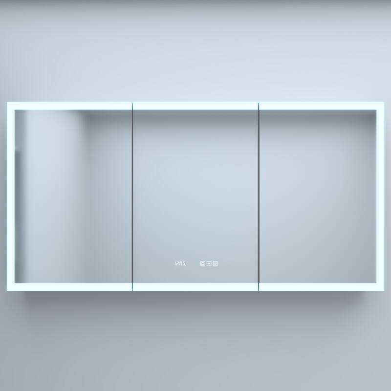 GDFStudio - Delmar Modern Aluminum LED Lighted Medicine Cabinet with Mirror Anti Fog and Digital Clock