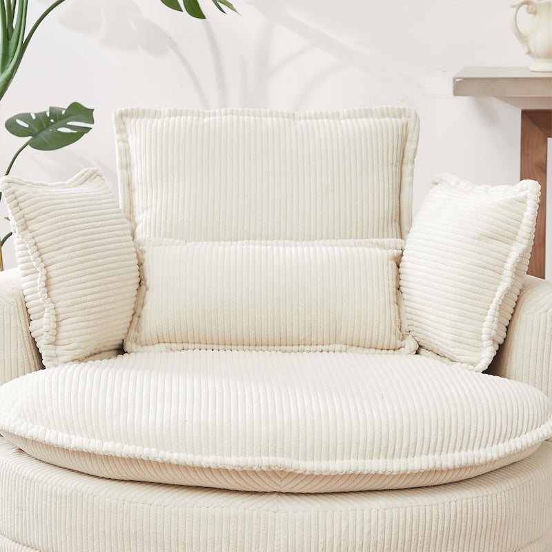 38"W Corduroy Oversized Swivel Chair with moon storage ottoman
