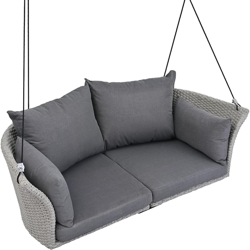 Roomfitters 2-Person Hanging Seat, Rattan Woven Swing Chair, Porch Swing with Ropes, Gray Wicker and Cushion