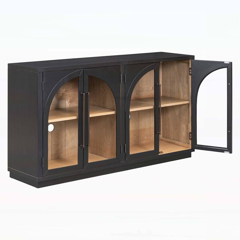 4-Door Large Storage Sideboard Buffet Cabinet with Glass Doors and Arched Design