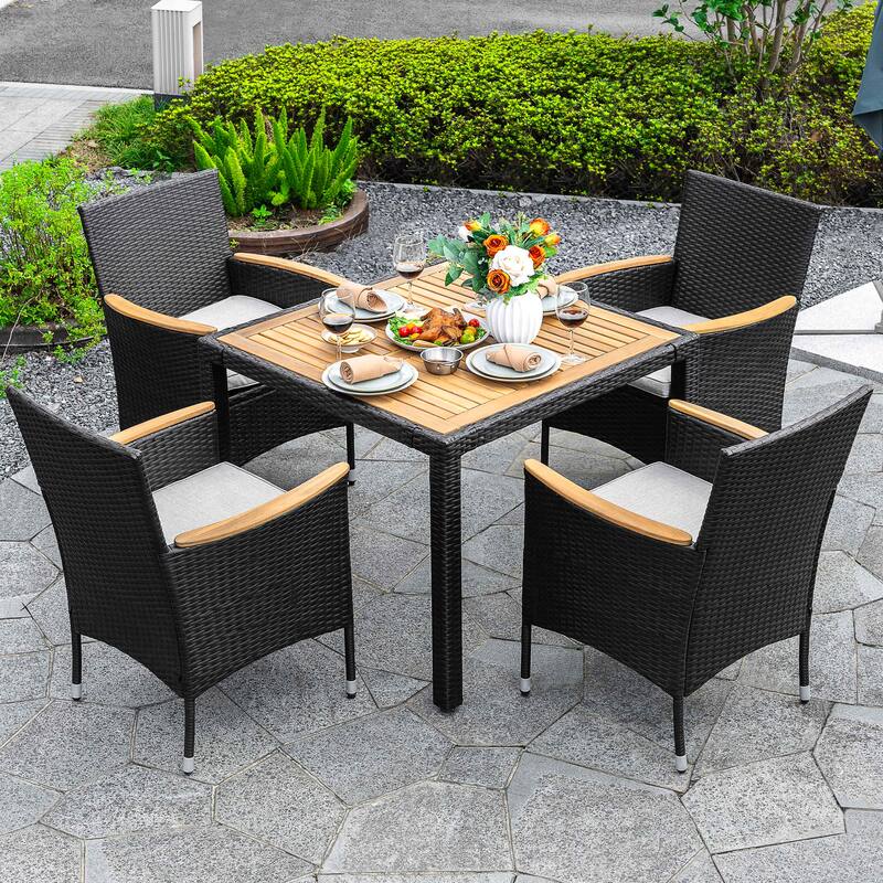 Acacia Wood Wicker Patio Dining Set with Cushions, Black
