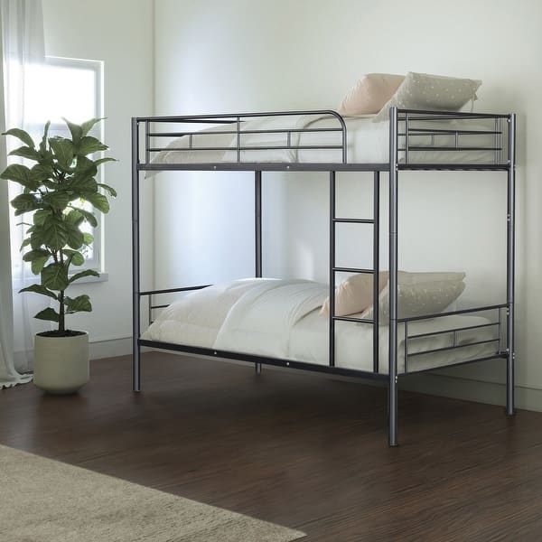 slide 2 of 6, Furniture of America Arlay Modern Twin over Twin Metal Bunk Bed with Attached Ladder Black