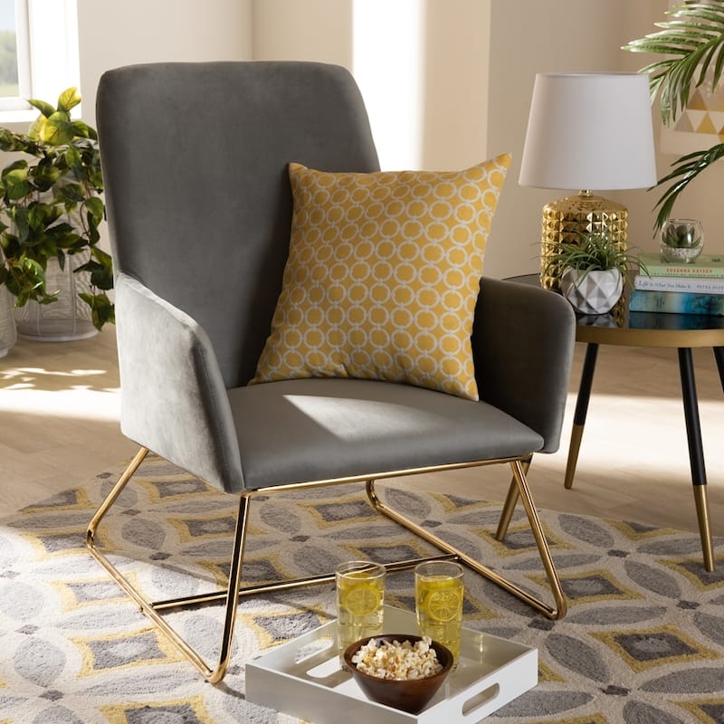 Sennet Glam and Luxe Grey Velvet Fabric Upholstered Gold Finished Armchair - 34.25"H x 26.38"W x 29.53"D - Grey
