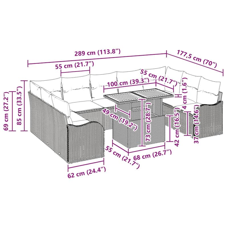 vidaXL 10 Piece Garden Sofa Set with Cushions - 113.8×70×27.2