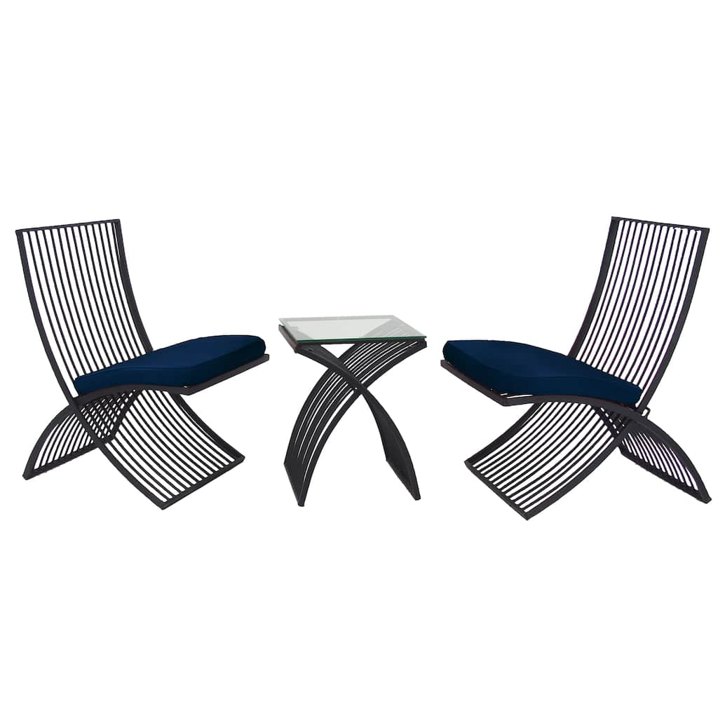 Metal Small Folding Outdoor Seating Set with Navy Cushions - Set of 3 Black - Roche River Decor - 32"W x 21"L x 34"H