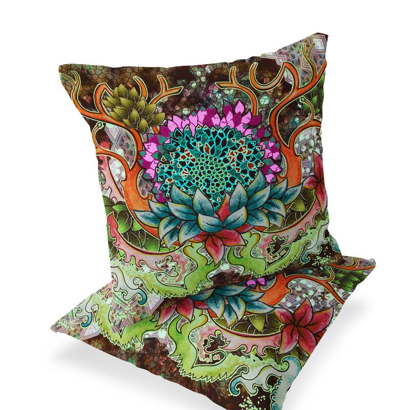HomeRoots Set of Two 16" X 16" Green and Pink Blown Seam Floral Indoor Outdoor Throw Pillow - 16.00' X '16.00' X '5.00