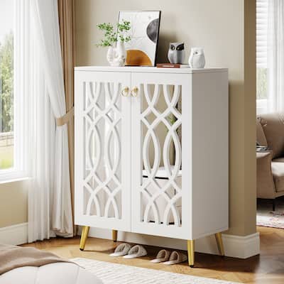 5-Tier Mirrored Shoe Cabinet with Door, 25-Pair Modern Shoe Storage Organizer - White