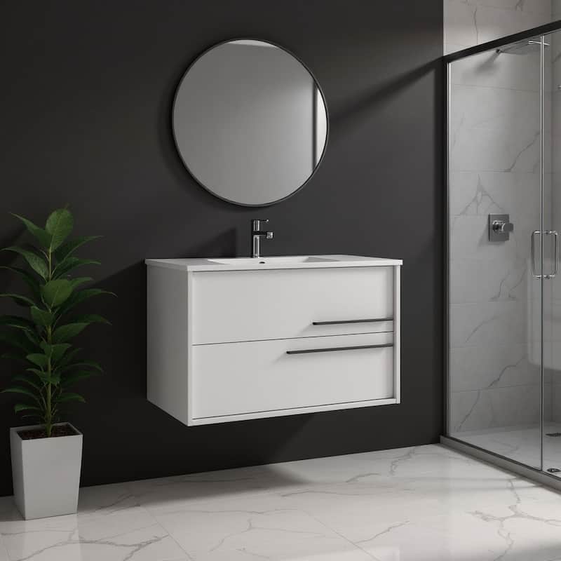 HomeRoots 32" Off White Wood Floating Bathroom Vanity With White Sink And Two Drawers - 32.00 in. x 24.60 in. x 21.60 in. - 32.00 in. x 24.60 in.  x 21.60 in. - Polished - Off White