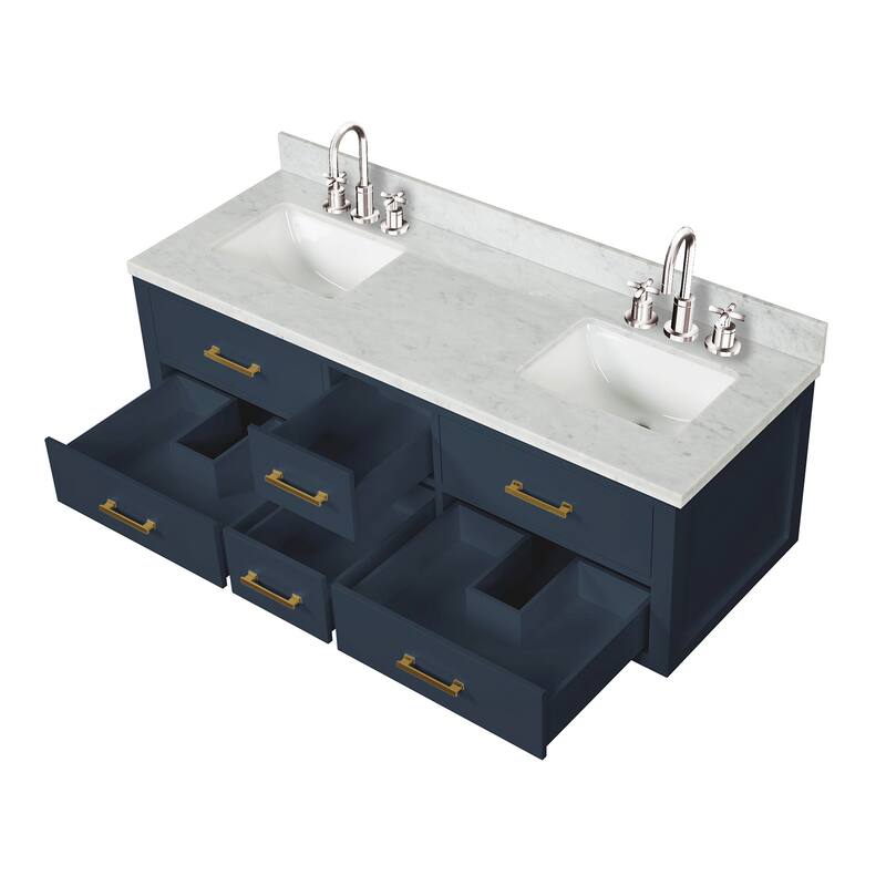 Lexora Castor Double Bath Vanity, Carrara Marble Top, Faucet Set, and Mirrors