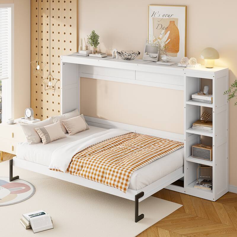 Full Size Murphy Bed Cabinet with Bookshelf, Space-Saving Foldable Wood Wall Bed Frame w/Hidden Bed Foundation & Slats Support - White - Full
