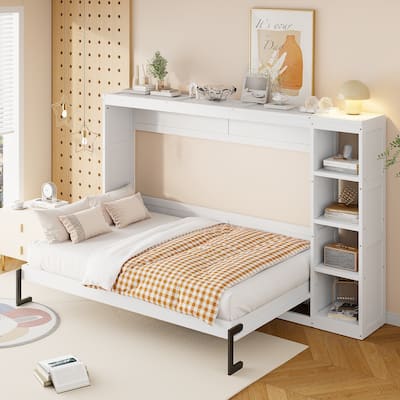 Full Size Murphy Bed Cabinet with Bookshelf, Space-Saving Foldable Wood Wall Bed Frame w/Hidden Bed Foundation & Slats Support