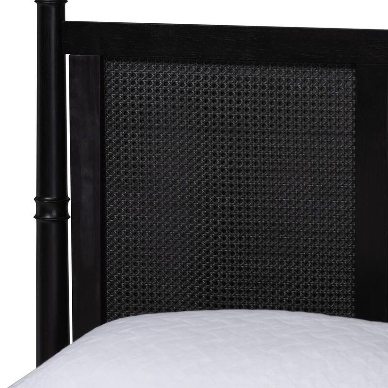 Marisela 4-Piece Black Bedroom Set - Canopy Bed with Synthetic Rattan Headboard, Matching Dresser and Two Nightstands