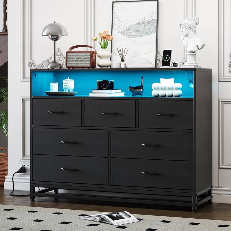 Black Dresser for Bedroom, Modern 7 Drawers Long Dresser