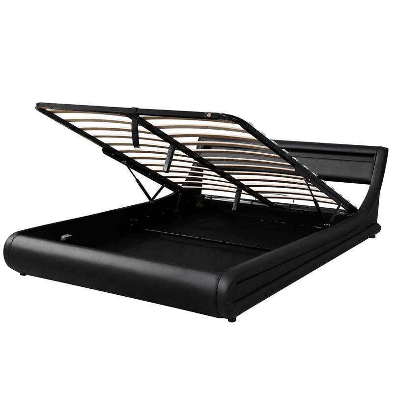 Queen Size Upholstered Faux Leather Storage Bed with LED Light