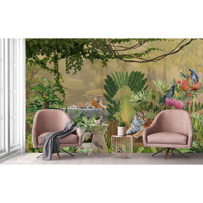 Exquisite Jungle Wallpaper Mural Tigers Tropical Flora Exotic Birds