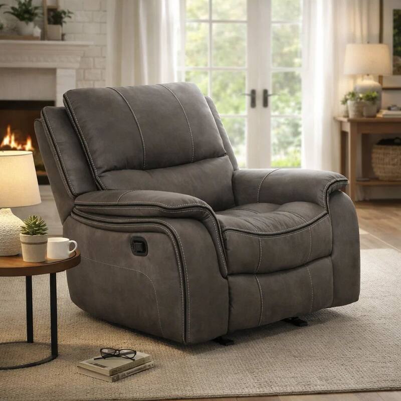 Heny Manual Glider Recliner Chair, Plush Dark Gray Pillow Top Arms