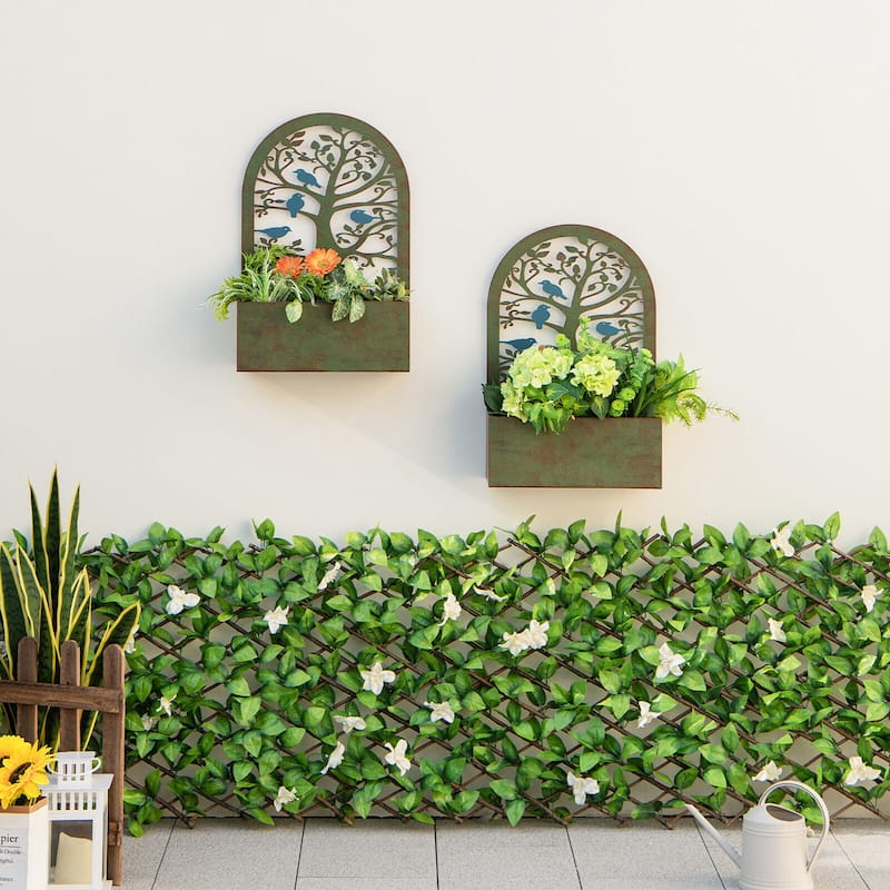 Gymax Set of 2 Decorative Raised Garden Bed Wall-mounted Metal Planter