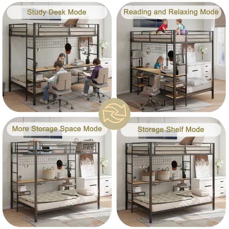 Full Over Twin Bunk Bed with Desk and Charging Station and Storage Shelves and Metal Wire Mesh Panel with Hooks,Guard & Stairs
