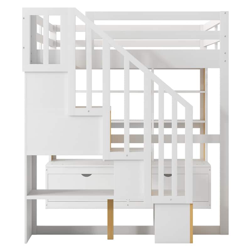 Full Size Loft Bed with Desk, Shelves, Drawers, and Storage Staircase in White and Natural