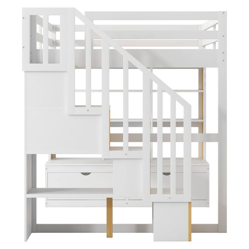Full Size Solid Pine Wood Frame Loft Bed with Built-in Desk, Storage Staircase, Shelves, and Dual Drawers